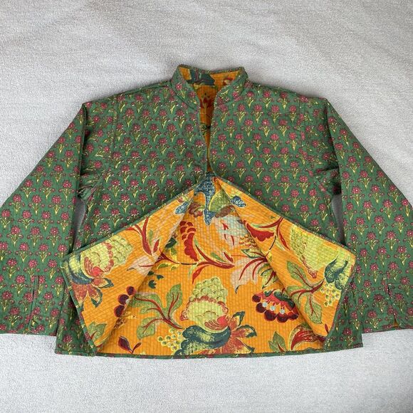 Handprint Long Sleeve Open Front Jacket Women’s M/L Orange Green Floral Cotton - Picture 14 of 16